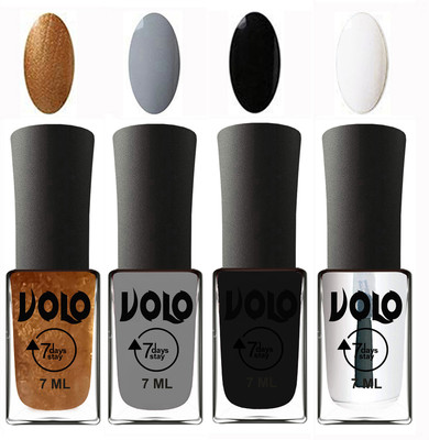 

Volo Ultra Lasting HD Shine Awesome Nail Polish Combo Metallic Dark Golden, Light Grey, Black, Top Coat(Pack of 4)