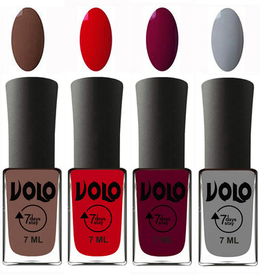 Volo Ultra Lasting HD Shine Awesome Nail Polish Combo Brown, Blood Red, Wine Maroon, Light Grey(Pack of 4)