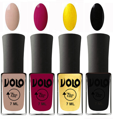 

Volo Ultra Lasting HD Shine Awesome Nail Polish Combo Light Nude, Magnta, Metallic Light Golden, Black(Pack of 4)