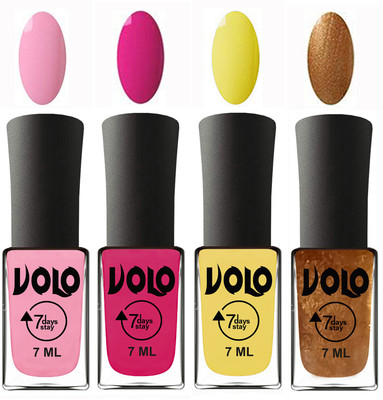 Volo Ultra Lasting HD Shine Awesome Nail Polish Combo Light Pink, Magnta, Yellow, Metallic Dark Golden(Pack of 4)