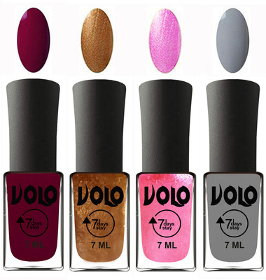 

Volo Ultra Lasting HD Shine Awesome Nail Polish Combo Wine Maroon, Metallic Dark Golden, Metallic Pink, Light Grey(Pack of 4)