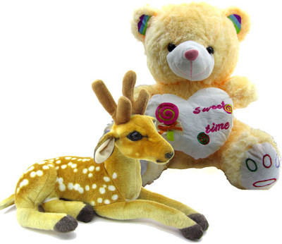

Gift Decor Shop Deer Stuffed soft Toy (Orange/White, 25 cm) Combo with soft toy sweet time teddy bear for kids (Light Yellow Cream, 66 cm) - 25 cm(Multicolor)