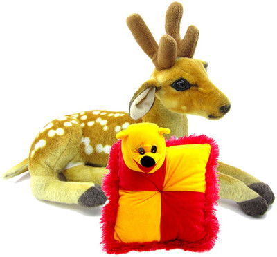

Gift Decor Shop Deer Stuffed soft Toy (Orange/White, 25 cm) Combo with soft bear pillow for kids (Red/Yellow, 28 cm) - 25 cm(Multicolor)