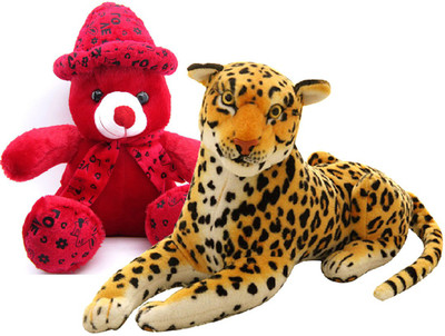 

Gift Decor Shop Leopard Stuffed soft Toy (Orange/Black, 22 cm) Combo with soft toy cap teddy bear for kids (Red, 38 cm) - 22 cm(Multicolor)