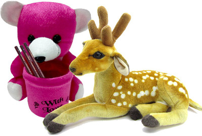 

Gift Decor Shop Deer Stuffed soft Toy (Orange/White, 25 cm) Combo with soft toy teddy bear penstand for kids (Pink, 20 cm) - 25 cm(Multicolor)