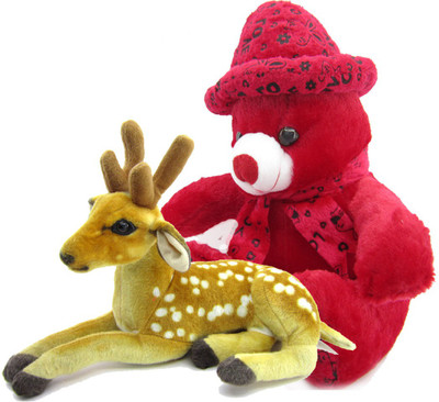 

Gift Decor Shop Deer Stuffed soft Toy (Orange/White, 25 cm) Combo with soft toy cap teddy bear for kids (Red, 38 cm) - 25 cm(Multicolor)
