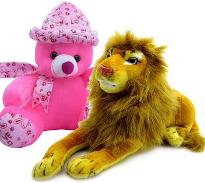 

Gift Decor Shop Lion Stuffed soft Toy (Yellow, 21 cm) Combo with soft toy pink cap teddy bear for kids (Pink, 41 cm) - 21 cm(Multicolor)