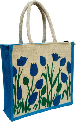 

styles creation Blue Flowers Print Premium Quality Designer Stylish Trendy Jute Lunch Bag for Lunch/Return Gift/Everyday use (Normal Size) Waterproof Lunch Bag(Blue, Green, White, 12 inch)