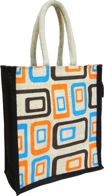 

styles creation Square Print Designer Stylish Orange Handicraft Jute Lunch Tiffin Handbag Waterproof Lunch Bag(Orange, White, Black, 11 inch)