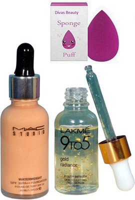 

divas beauty Sponge Puff & Studio Waterweight Spf Foundation & 9To5 Gold Radiance Face Serum(Set of 3)