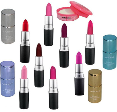 

Ultimate Nail Polish Remover, Mac Long Lasting Lipstick Set Of 8 & Lakme Mirror Nail Polish Set Of 4 ((Set of 13)