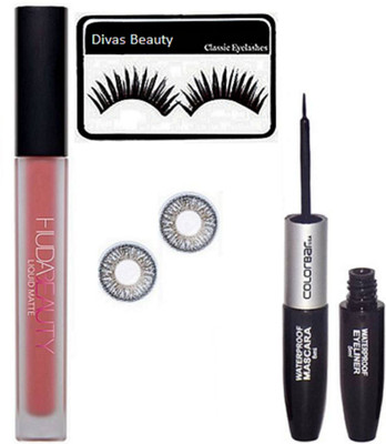 

divas beauty Eyelashes & Huda Beauty Liquid Matte Lipstick Shade - Bombshell with Contact Lenses & ColorBar 2 IN 1 Mascara & Eyeliner(Set of 4)