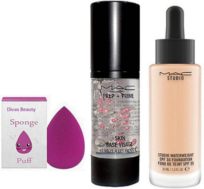 

divas beauty Sponge puff & studio waterweight SPF 30 foundation,Prep+Prime Skin Base Visage Bubbles Primer(Set of 3)
