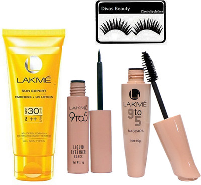 

divas beauty Eyelashes With 9to5 Eyeliner And Mascara With Sun Expert fairness + UV Lotion SPF 30++(Set of 4)