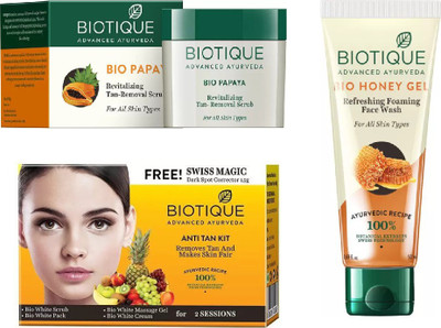 

BIOTIQUE BIO Bio Papaya Revitalizing Tan Removal Scrub, Bio Honey Gel Refreshing Foaming Face Wash, Bio Anti Tan Facial Kit(Set of 3)