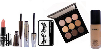 

divas beauty Eyelashes & mac Eye shadow X 9 palette, Mac matte liquid foundation , Brooke candy eyeliner & mascara & lipstick(Set of 6)