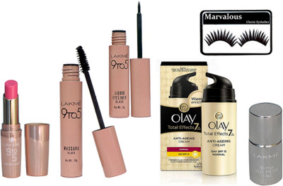 

Marvalous Eyelashes, Lakme Eyeliner & Mascara, Lipstick, Nail Polish, Olay Total Effect & In One Cream(Set of 6)