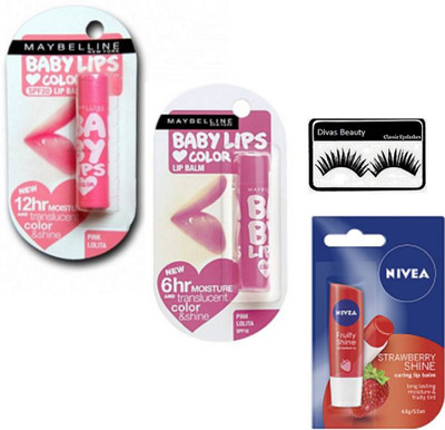 

divas beauty Eyelashes With Baby Lips Cheery Kiss & Pink Lolita With Nvea Strawberry Shine Lip Balm(Set of 4)