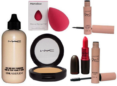 

Marvalous sponge puff , mac face and body foundation, lady gaga long lasting lipstick , lakme 9 to 5 eyeliner With mascara with studio fix powder plus compact(Set of 6)