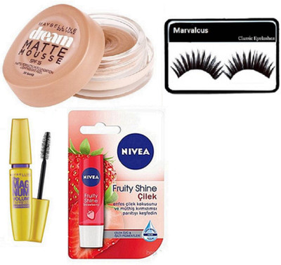 

Marvalous Eyelashes and Maybelline Mag and Num Mascara and Dream Matte Mousse Foundation and Nevia Fruity Shine Cilek Lip Balm(Set of 4)