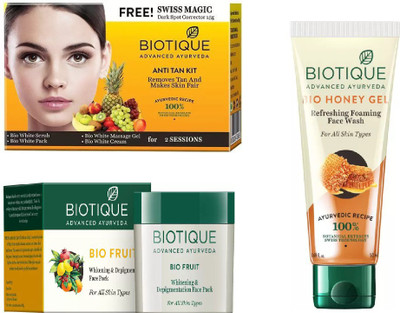 

BIOTIQUE BIO Bio Anti Tan Facial Kit, Bio Fruit Face Pack, Bio Honey Gel Refreshing Foaming Face Wash(Set of 3)
