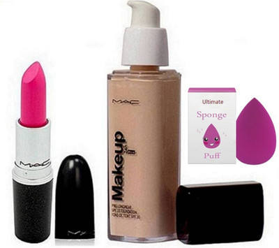 

Ultimate Sponge Puff & Mac Pink Lipstick & Makeup Pro Long wear Foundation (Set of 3)(Set of 3)