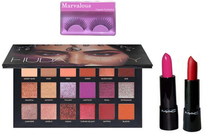 

Marvalous Eyelashes, Huda Beauty Desurt Dusk Eyeshadow Palette, Mac Pink & Red Lipstick(Set of 4)