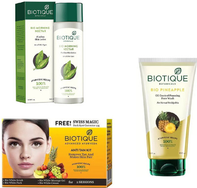 

BIOTIQUE BIO Bio Morning Nectar Flawless Skin Lotion For All Skin Types, Bio Pineapple Oil Control Foaming Face Wash, Bio Anti Tan Facial Kit(Set of 3)