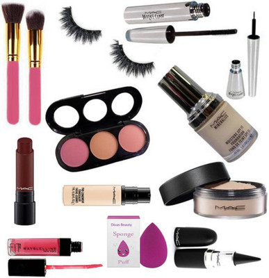 

divas beauty Sponge puff & Brush2 & Mac Mineralize Foundation & Mac Loss Powder &Mac Brooke Candy Liner & Mascara & Mac Pro Long Wear Concealer & Mac liptensity lipstick With stick kajal & pink lip gloss(Set of 13)