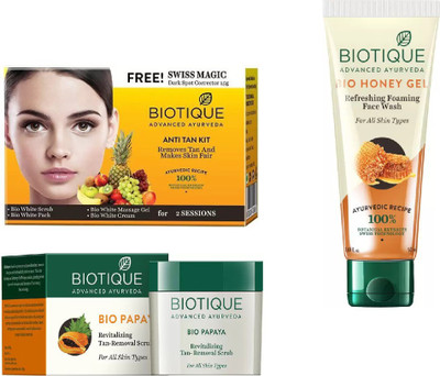 

BIOTIQUE BIO Bio Anti Tan Facial Kit, Bio Papaya Revitalizing Tan Removal Scrub, Bio Honey Gel Refreshing Foaming Face Wash(Set of 3)