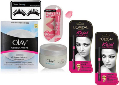 

divas beauty Eyelashes & olay Natural White All In One Fairness Whitening Cream SPF 24 Day 50 gm new york Baby Lips Pink Lolita Lip Balm& loreal paris Kajal Magique (Black) (pack of 2)(Set of 5)