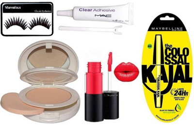 

Marvalous eyelashes, mac lightful two way compact , red lip gloss , colossal kajal with clear adhesive glue(Set of 5)