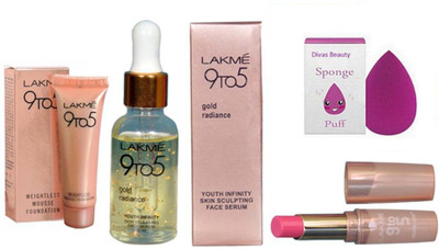 

divas beauty Sponge&Lakme9To5 Gold Radiance Face Serum&Lakme 9To5 Weightless Mousse Fundation&Lakme 9To5 Lipistick(Set of 4)