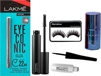 

Marvalous Eyelashes With Mac Eyeliner & Mascara With Lakme Eye conic Kajal & Mirror Nail polish(Set of 5)