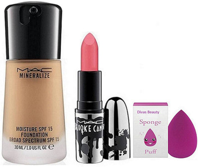 

divas beauty sponge puff & mac Mineralize Moisture Foundation & mac Brooke Candy Matte Lipstick(Set of 3)