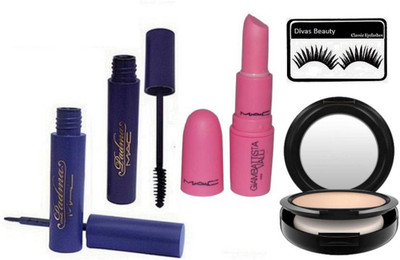 

divas beauty Eyelashes , Studio Fix Compact of Mac , Padma Eyeliner & Mascara with Giambattista Valli Real Doll Pink Lipstick(Set of 5)