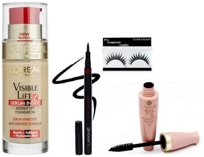 

Pro longwear combo eyelashes,pen eyeliner with mascara,visible lift serum inside foundation(Set of 4)