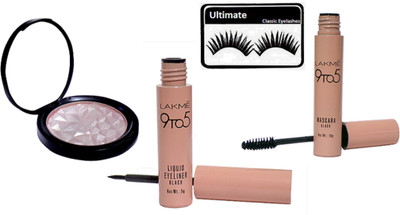 

Ultimate Eyelashes, Lakme 9 to 5 Liquid Black Eyeliner and Mascara & Mac Beauty Makeup Illuminator(Set of 4)