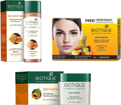 

BIOTIQUE BIO Bio Honey Gel Refreshing Foaming Face Cleanser For All Skin Types, Bio Anti Tan Facial Kit, Bio Papaya Revitalizing Tan Removal Scrub(Set of 3)