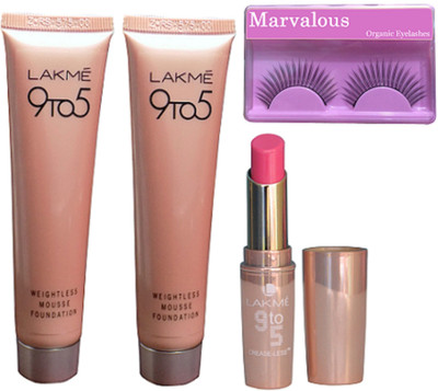 

Marvalous Eyelashes, Lakme Weightless Mousse Foundation Set Of 2, Pink Lipstick(Set of 4)