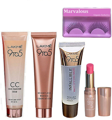 

Marvalous Eyelashes, Lakme 9 To 5 Mousse Foundation, Infallible Primer, C C Cream, Pink Lipstick(Set of 5)