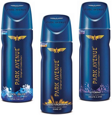 

Park Avenue Cool Blue Fragrance Body Spray + Good Morning Fragrance Spray + Storm Fragrance Body Spray 150 ml × 3 Pack Of Three Perfume Body Spray - For Men & Women(450 ml, Pack of 3)