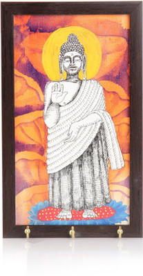 29% OFF on ExclusiveLane Lord Buddha Canvas Decorative Wall Hanging Wood Key Holder(3 Hooks, Multicolor)