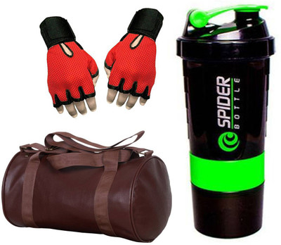 

Snipper Combo Of Leatherite Brown Gym Bag , Red Gloves and Green Spider Shaker Gym & Fitness Kit