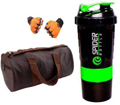 

Snipper Combo Of Leatherite Brown Gym Bag , Orange Gloves and Green Spider Shaker Gym & Fitness Kit