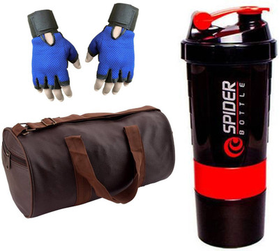 

Snipper Combo Of Leatherite Brown Gym Bag , Blue Gloves and Red Spider Shaker Gym & Fitness Kit