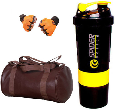 

Snipper Combo Of Leatherite Brown Gym Bag , Orange Gloves and Yellow Spider Shaker Gym & Fitness Kit