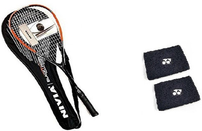 

Nivia Combo of Three, one 'Black Thorn' Squash Racquet and Two Wrist band (Color On Availability)- Squash Kit