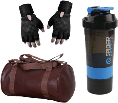 

Snipper Combo Of Leatherite Brown Gym Bag, Black Gloves and Blue Spider Shaker Gym & Fitness Kit