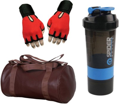 

Snipper Combo Of Leatherite Brown Gym Bag,red Gloves and Blue Spider Shaker Gym & Fitness Kit